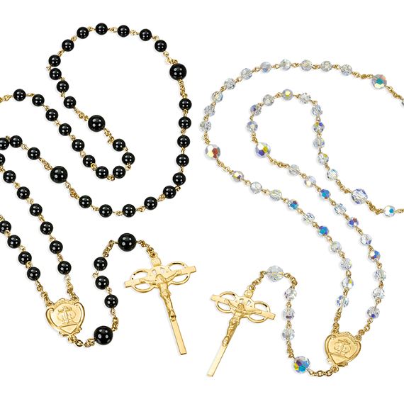 WEDDING ROSARY SET - GOLD OVER STERLING AUSTRIAN CRYSTAL AND BLACK ONYX